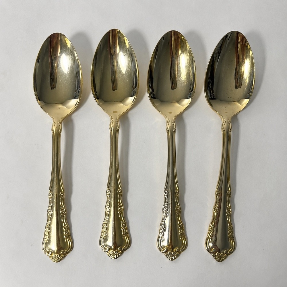 1847 Rogers Bros Gold Toned Electroplated Spoons Set of 4 Floral Scroll Korea
